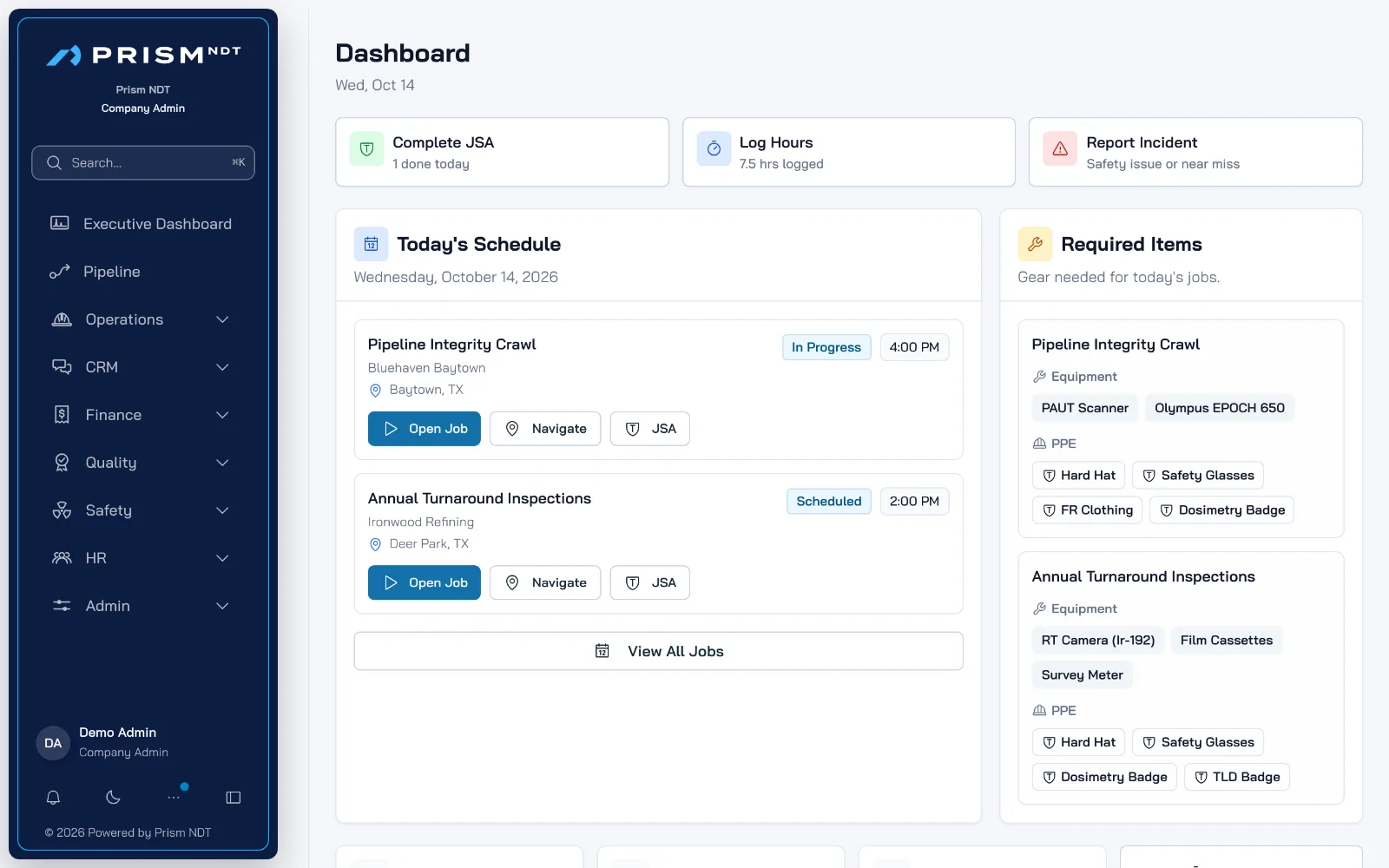 Prism Technician dashboard preview